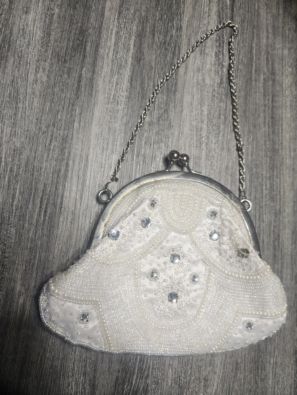 Vintage La Regale Purse White Beaded Evening Clutch, Chain Strap, Kiss Lock
